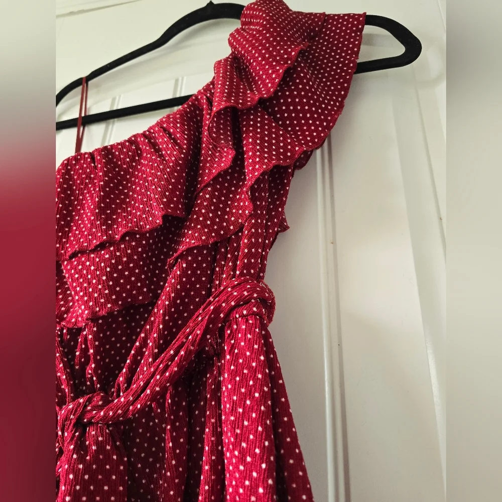 Anthropologie Maeve Rita One Shoulder Ruffle Top Red Polka Dot Tie Waist Small - Picture 5 of 14